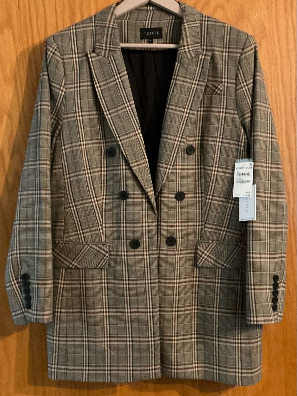 1 STATE Nordstrom Plaid Double-Breasted Blazer in Brown, Cream and Red Stripe.